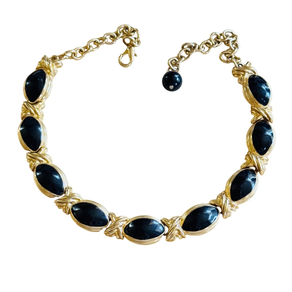 VTG 80s chunky Gold-Tone X-Link necklace Black Enamel Statement Regal Bold 18"